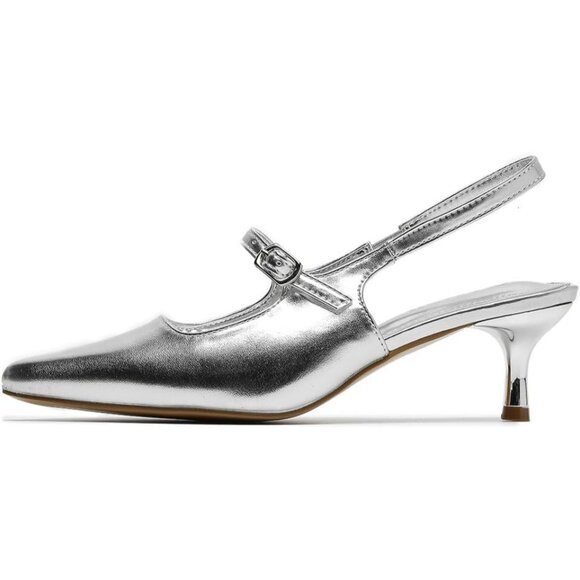 Amoji Women Silver Closed Pointed Toe Kitten Slingback Low Heel Pumps For Party - Picture 2 of 8